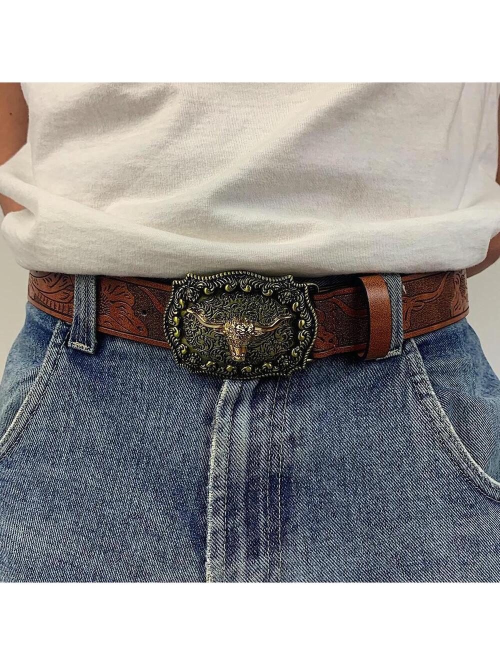 American Western Brown leather belt with silver-toned brass buckle, featuring a